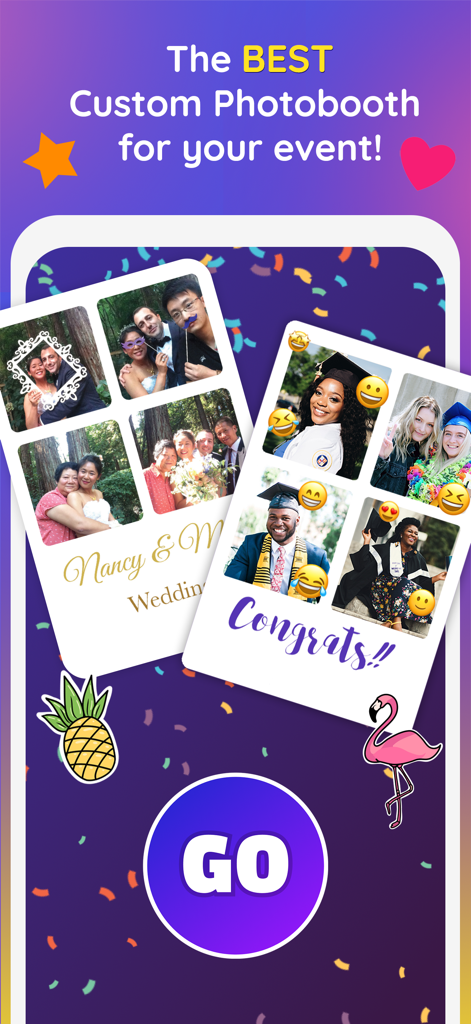 Screenshot of Mini Photobooth app showing custom photo strips for wedding and graduation events with fun stickers and confetti