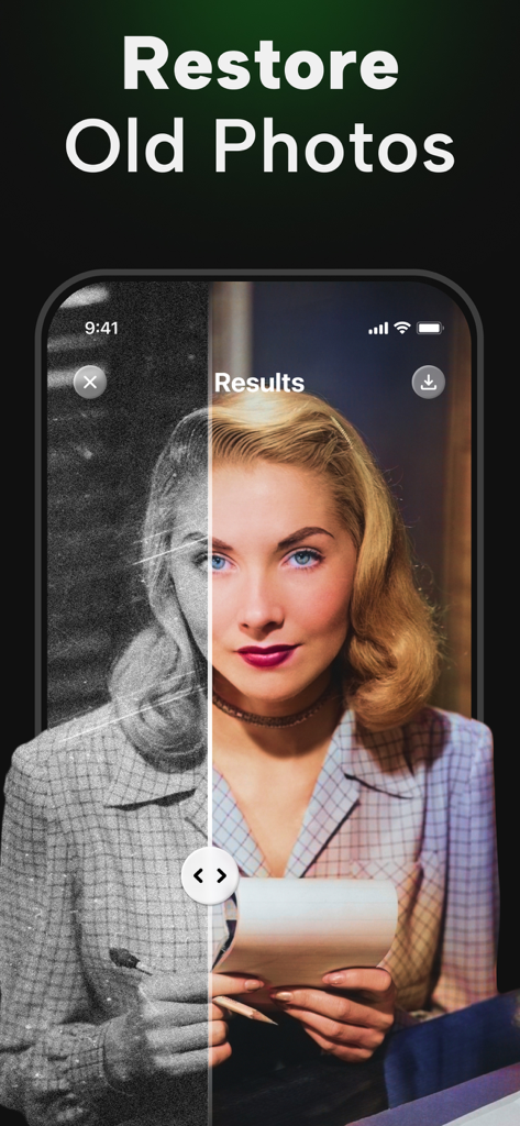 PhotoApp - AI Photo Enhancer - Before and after split view of a vintage portrait being restored and colorized by AI