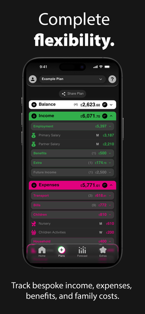 Plans.TheApp: Finance Forecast - A mobile dashboard for tracking bespoke income and expenses in the Plans financial forecast app.