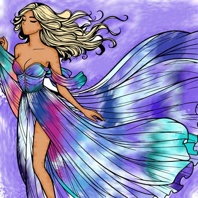 realistic woman in dress flowing the the wind