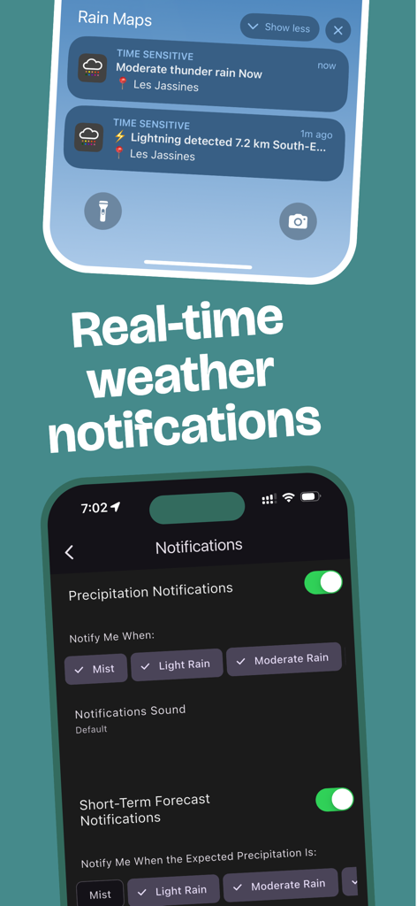 Rain Maps - Interfaz de la aplicación Rain Maps que muestra alertas de rayos y lluvia en la pantalla de bloqueo de un iPhone y en la configuración de notificaciones.