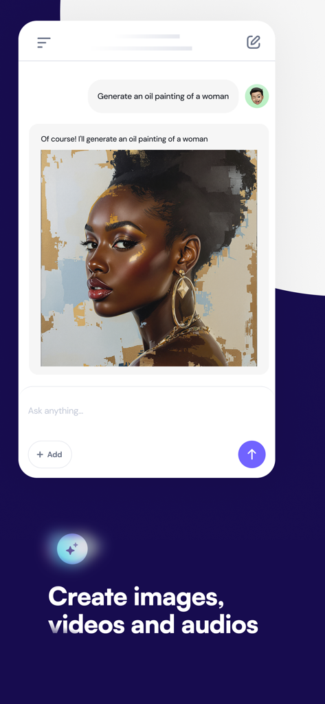 Inner AI - Inner AI mobile app interface showing an AI generated oil painting of a woman