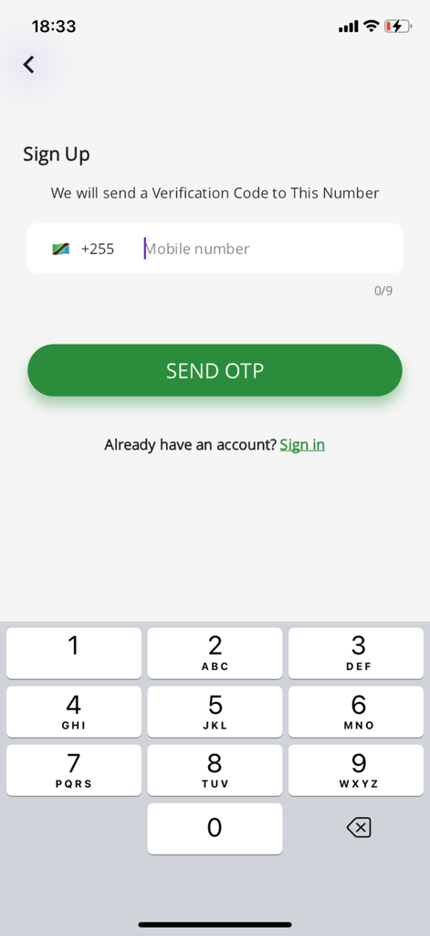 Mkinga Empire - Sign up screen for Mkinga Empire app showing phone number verification field.