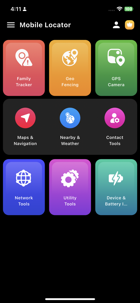 Phone Locator and Phone Finder - Tela principal do aplicativo Mobile Locator com uma grade de ícones para Câmera GPS, Navegação e ferramentas de Utilidade