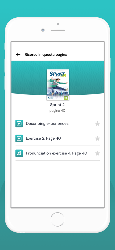 eli LINK 앱에서 언어 교과서 페이지의 비디오 및 오디오 자료를 보여주는 스마트폰 화면