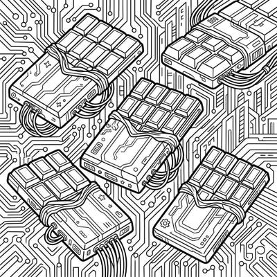 Unleash your creativity with this unique coloring page featuring classic chocolate bars reimagined in a thrilling cyberpunk style. Immerse yourself in a futuristic world where sweet treats meet high-tech design.