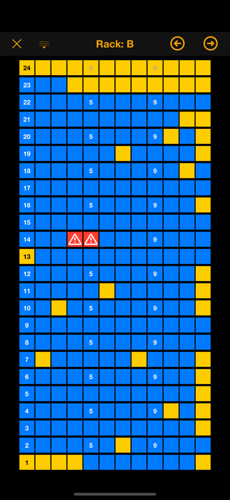 A visual grid showing the layout of a wine rack for inventory tracking and auditing