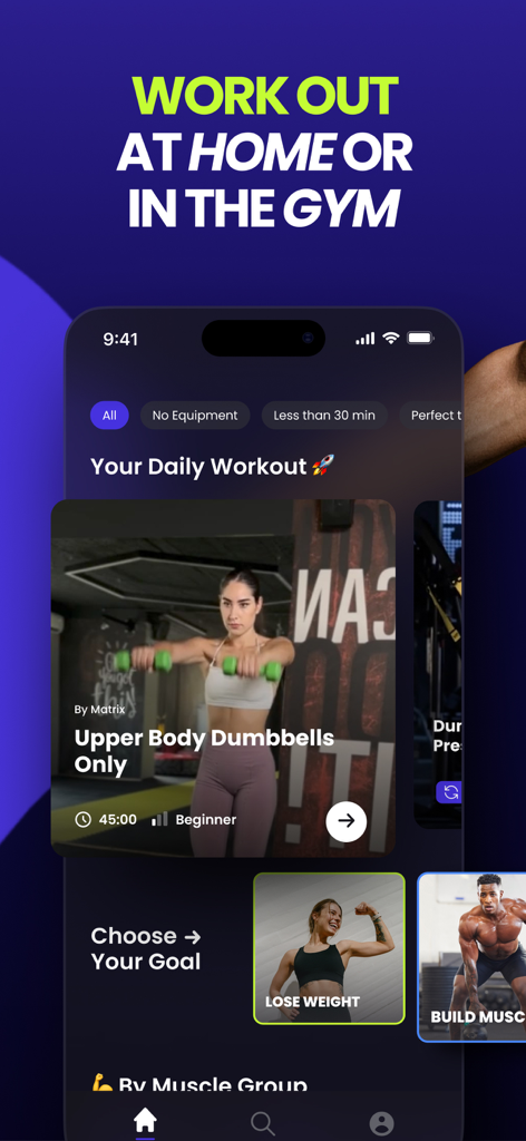 Onemor: Workout & Fitness App - Interfaz de la app de fitness Onemor que muestra planes de entrenamiento diarios y opciones para casa o gimnasio.