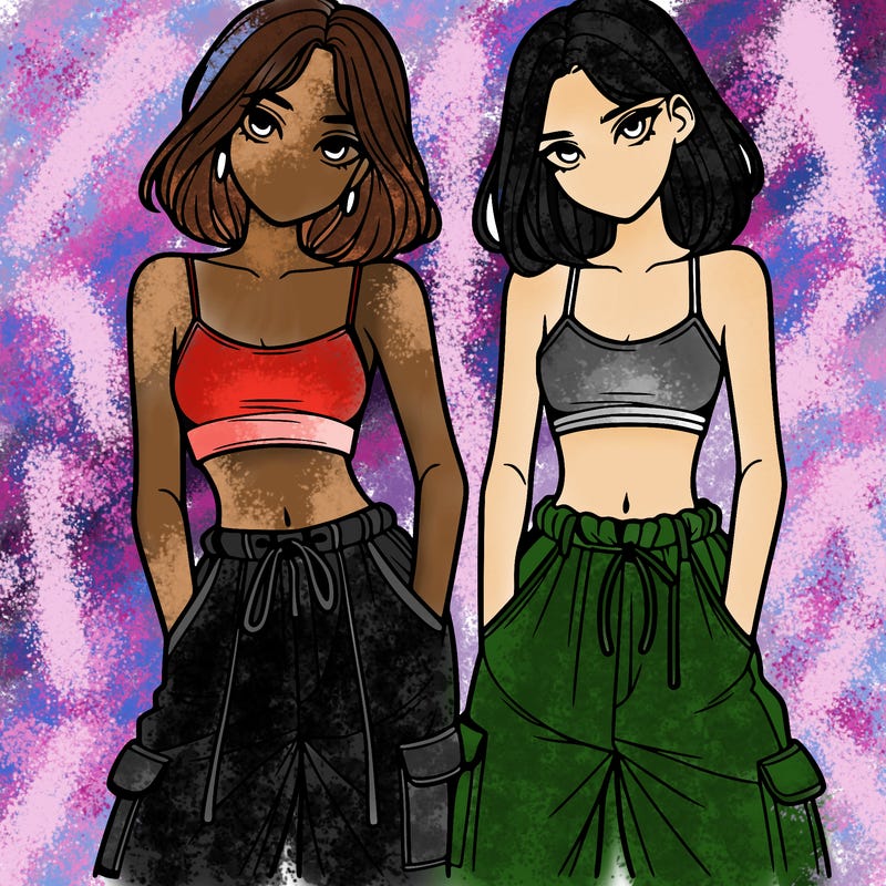 two girls with crop top with baggy pants