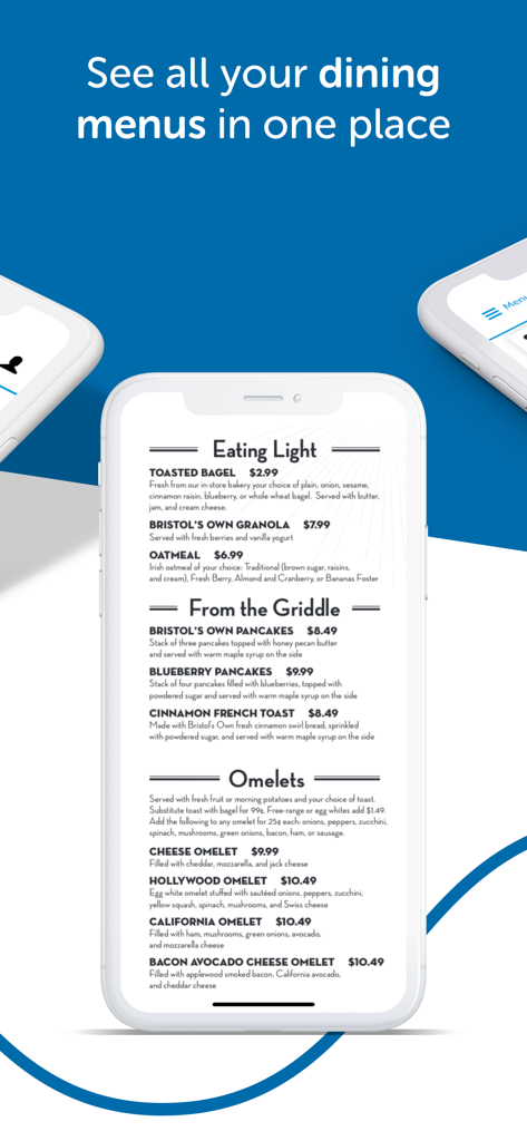 Go Icon Community App - A smartphone displaying the Go Icon Community App dining menu with sections for healthy eating, griddle items, and omelets.