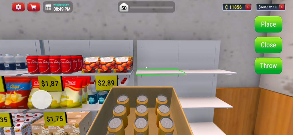 My Hotel Simulator 3D - Uma visão de jogabilidade em primeira pessoa de abastecer prateleiras com latas de bebida na mini loja do hotel.