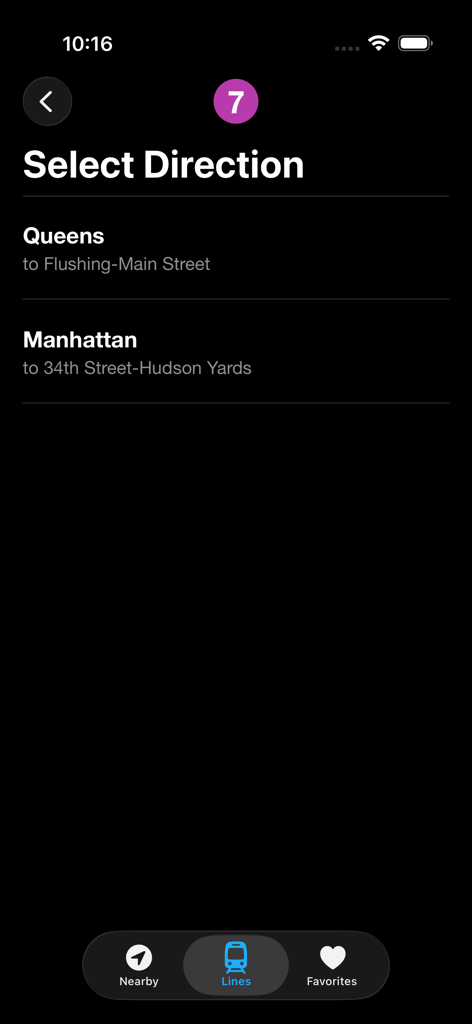 Now Departing - A selection screen for choosing the direction of the NYC Subway 7 line.