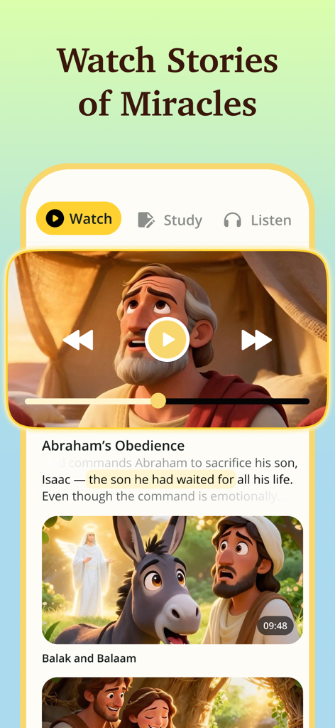 Capture d'écran de l'application Bible Path présentant des histoires bibliques animées et une interface de lecteur vidéo interactive pour l'éducation religieuse.