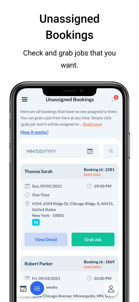 Benutzeroberfläche der App BookingKoala For Providers mit einer Liste nicht zugewiesener Buchungen mit Details und einer Schaltfläche zum Übernehmen von Jobs.