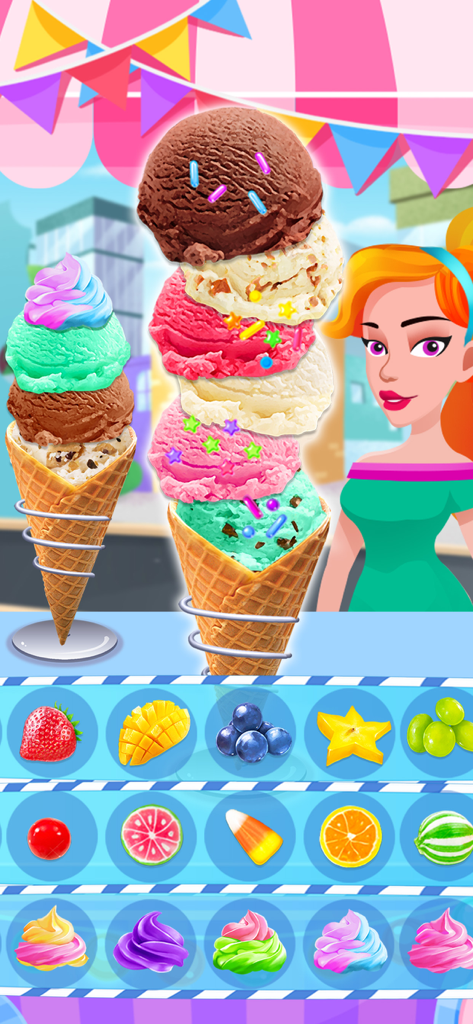 Ice cream maker game for kids with colorful scoops and fruit toppings