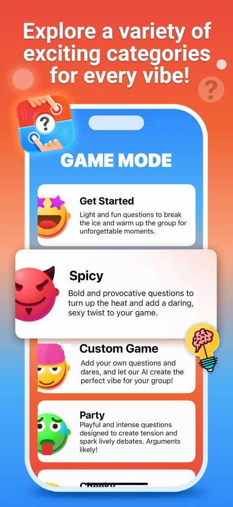 Truth or Dare - Chooser! - Interfaz de la aplicación Verdad o Reto mostrando varias categorías de juego como Picante y Juego Personalizado