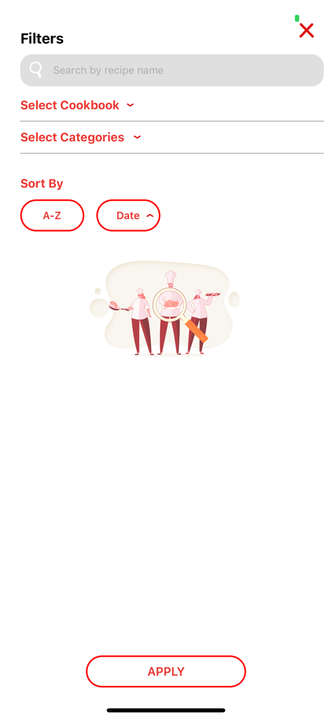 Tela de filtros de receitas do aplicativo MasterCook com opções de pesquisa e classificação.