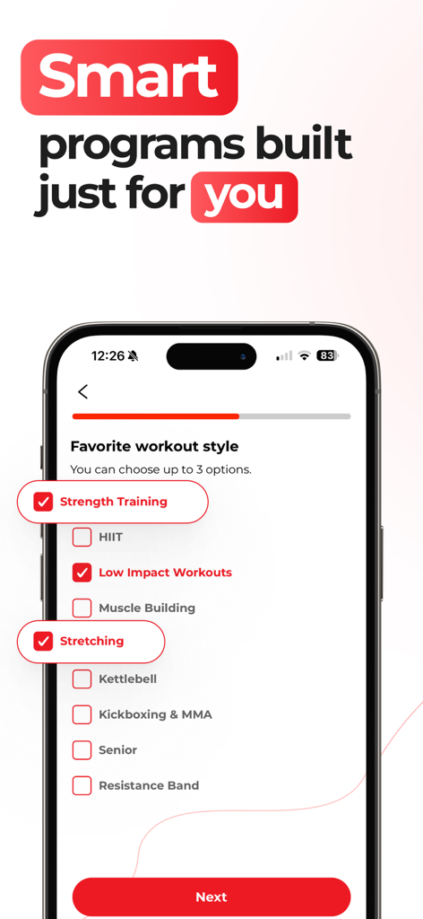 HASfit: Home Workout Programs - HASfit app screen for choosing personalized workout styles like strength training and low impact