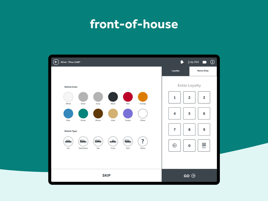 Crisp POS - Crisp POS drive-thru interface on iPad showing vehicle identification and loyalty entry