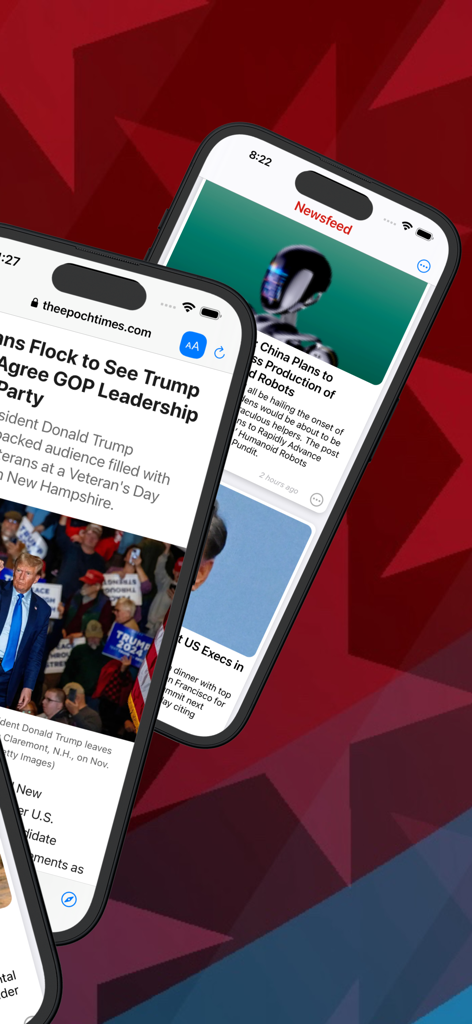 Conservative News - Two iPhones displaying newsfeed and articles in the Conservative News app