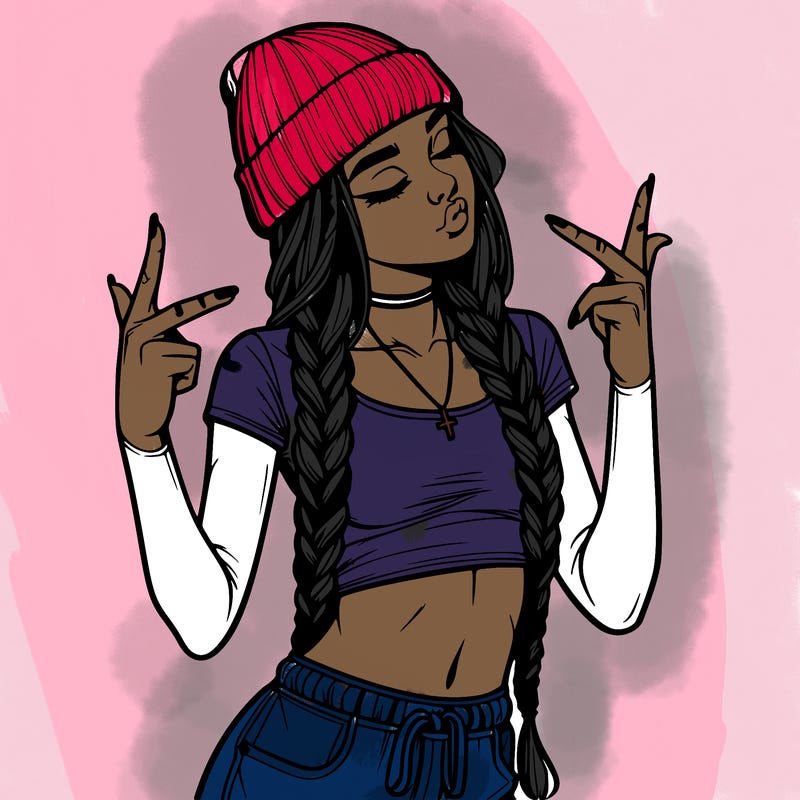 realistic teenage girl with braids and a beanie and crop top doing 🫶🏼