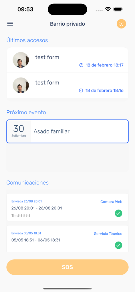 Spotter app resident dashboard showing access logs upcoming events and SOS button
