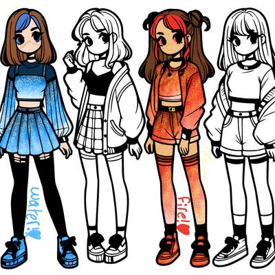 one girl with crop-top shirt and a jacket with a skirt, long socks and another girl with a shirt and pants with a jacket