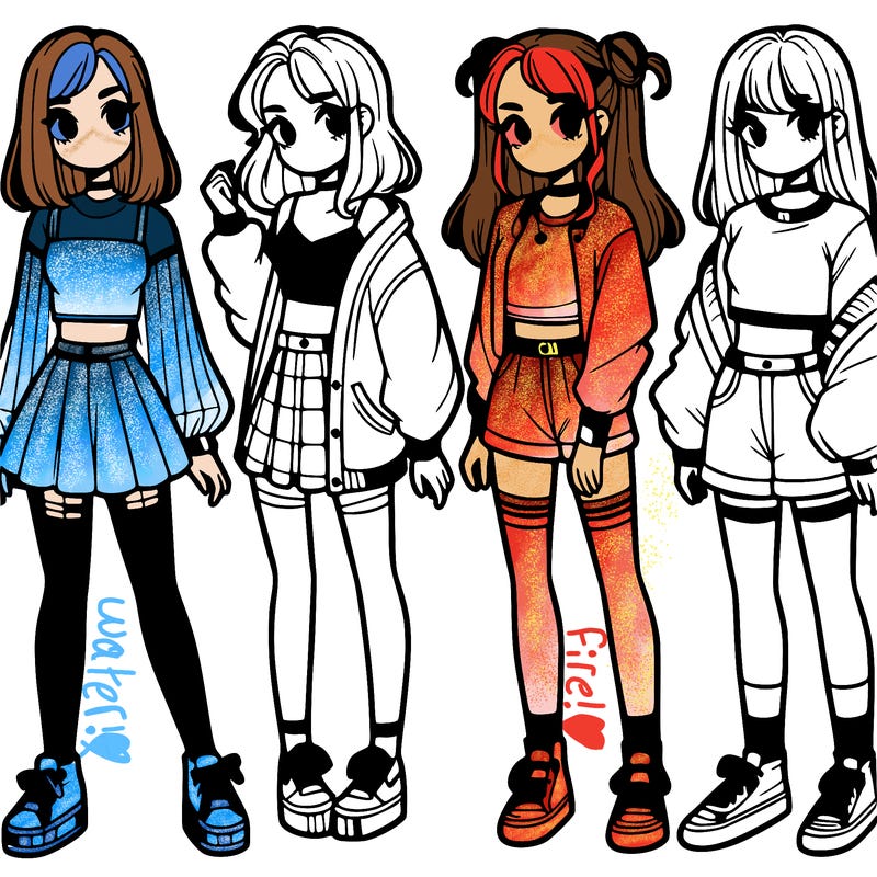 one girl with crop-top shirt and a jacket with a skirt, long socks and another girl with a shirt and pants with a jacket