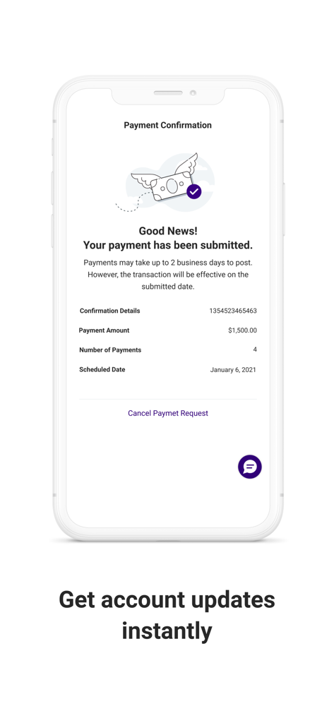 Your Mortgage Online - Ein Smartphone-Bildschirm aus der App Ihre Hypothek Online, der eine erfolgreiche Zahlungsübermittlungsnachricht und Bestelldetails anzeigt.