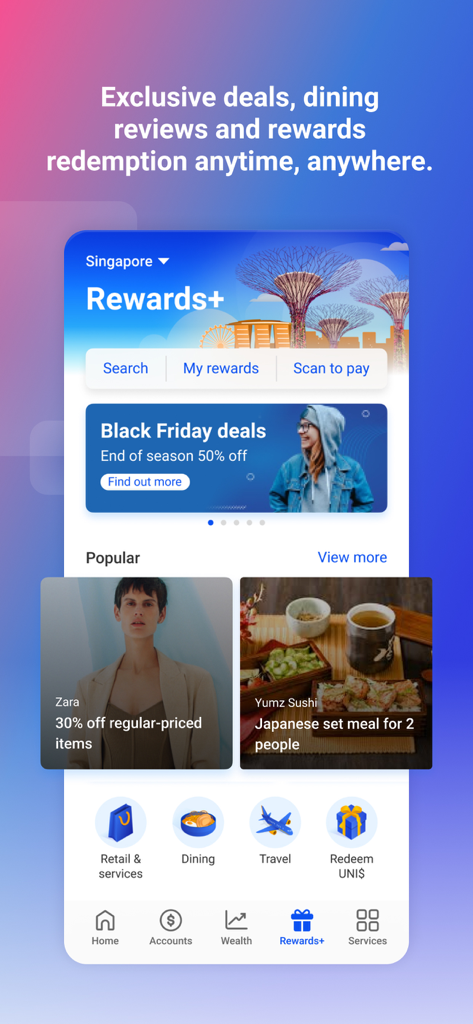 UOB TMRW app Rewards+ screen showing shopping and dining deals with navigation categories for travel and retail services.