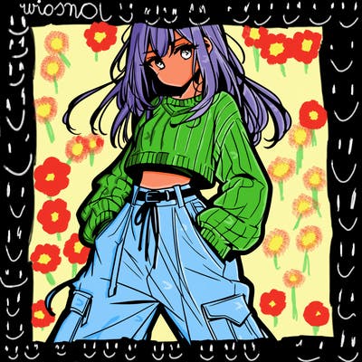 anime teen girl with baggy pants and crop top with sweater