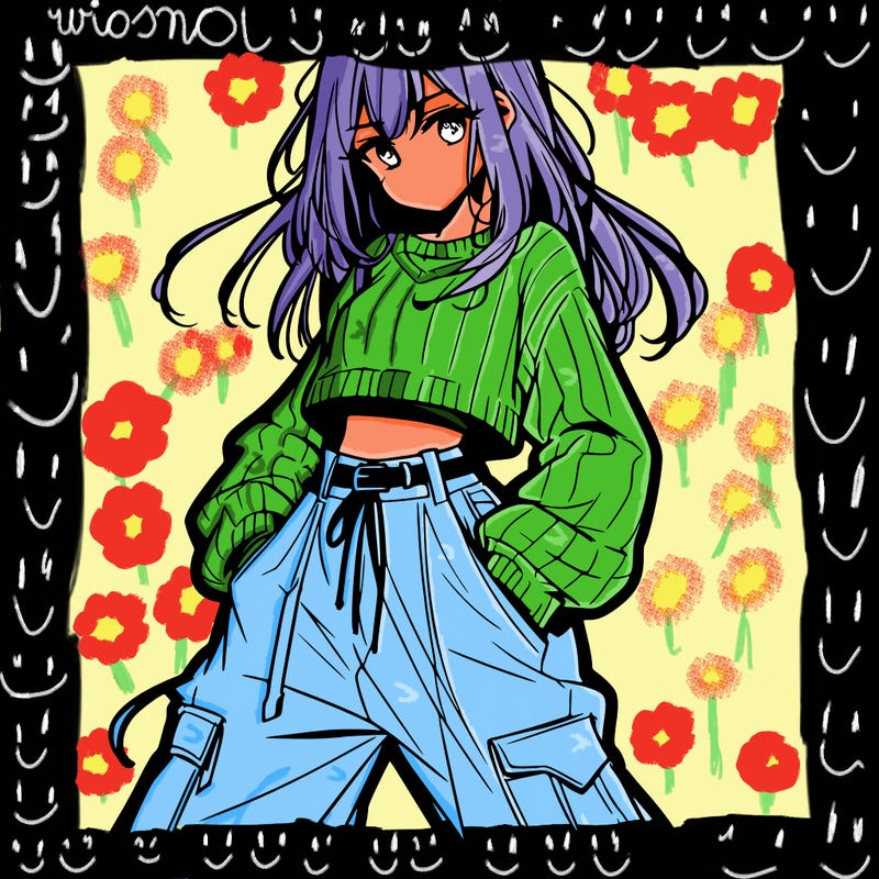 anime teen girl with baggy pants and crop top with sweater