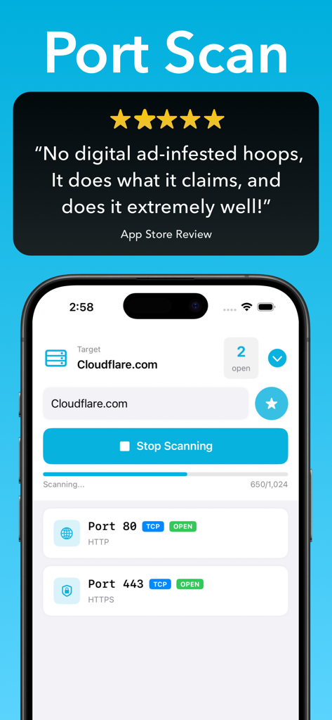Pingers - Network Tools - Interfaccia dell'app mobile Pingers che mostra una funzione di scansione delle porte su un iPhone con risultati di porte aperte per un dominio