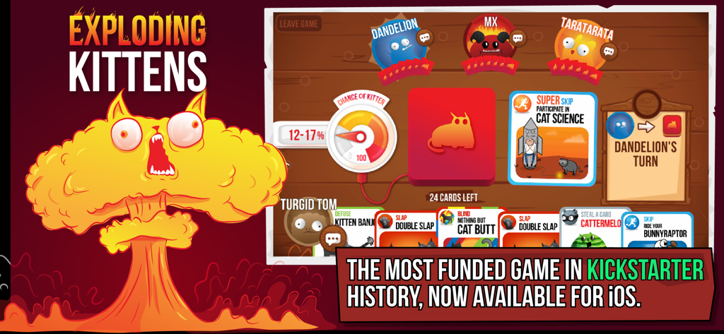 Exploding Kittens mobile card game gameplay screen featuring digital cards and quirky cat illustrations