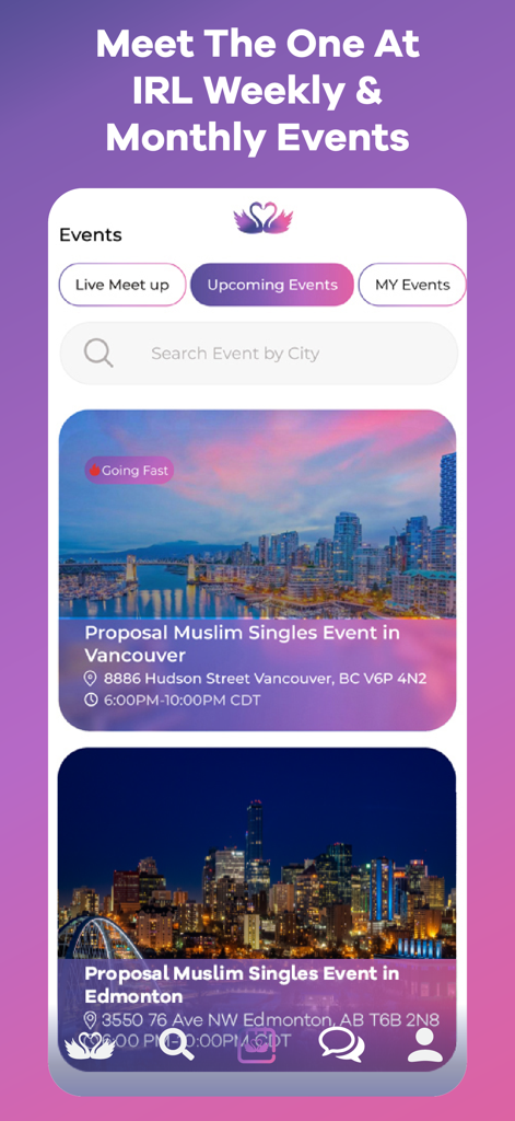 Proposal: Muslim Marriage - Proposal app interface showing upcoming IRL events and meetups for Muslim singles