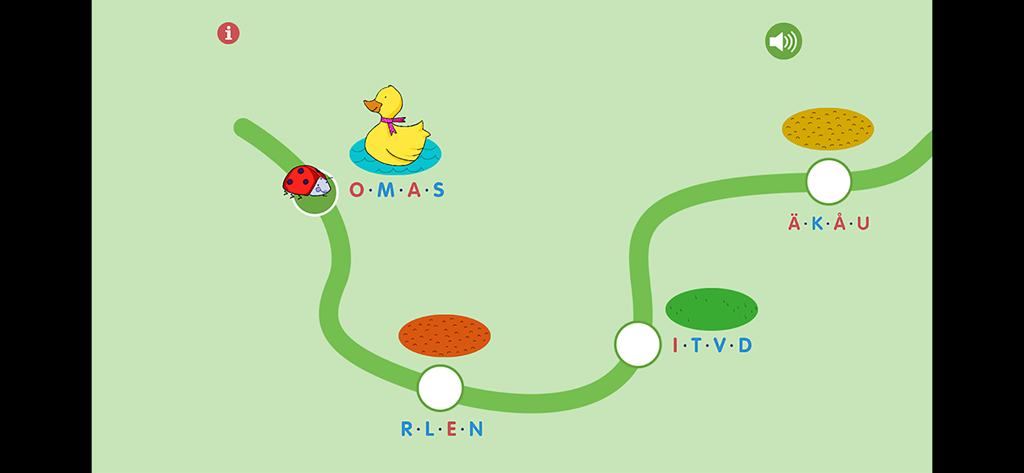 Educational game screen showing a winding green path with Swedish letter groups and illustrations of a ladybug and a yellow duck.
