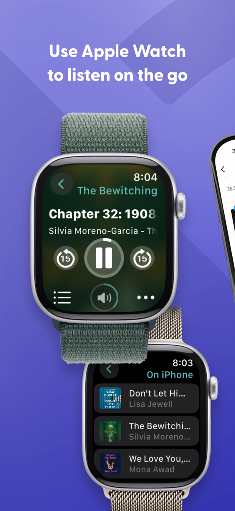 Libro.fm audiobooks app interface on an Apple Watch.