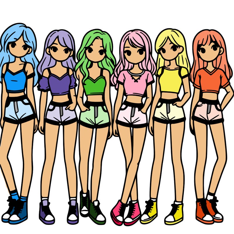 a group of girls wearing crop tops and shorts