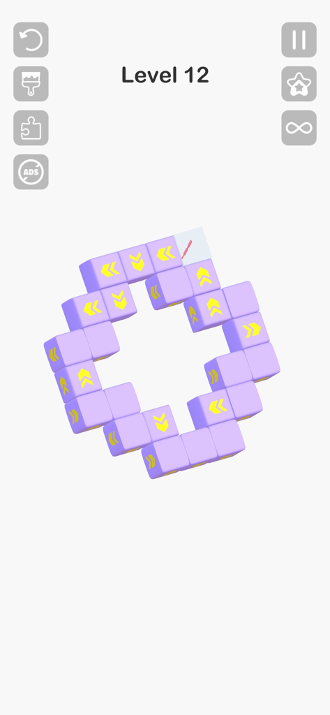 Gameplay screenshot of Tap Master puzzle showing a ring of purple 3D blocks with yellow arrows on level 12.