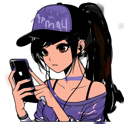 realistic girl with a long ponytail and trucker hat holding an iphone
