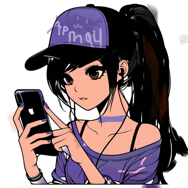 realistic girl with a long ponytail and trucker hat holding an iphone
