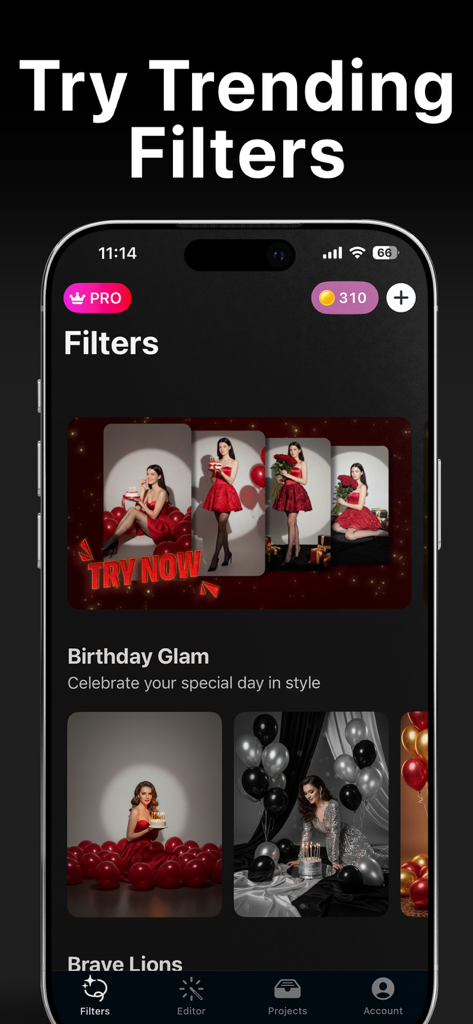 Glowy mobile app interface displaying trending birthday glam AI photo filters