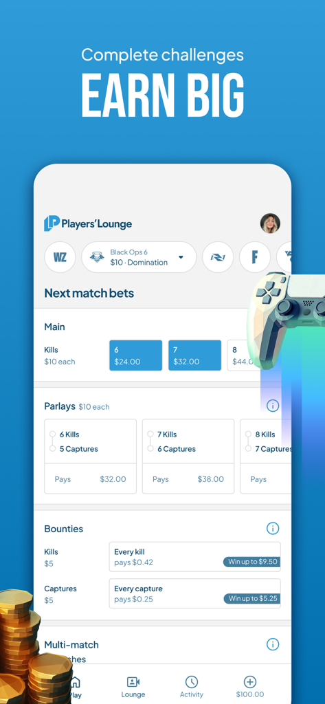 Players' Lounge - Interfaz de la aplicación móvil Players' Lounge que muestra apuestas de partidas, parlays y recompensas por desafíos de juegos.