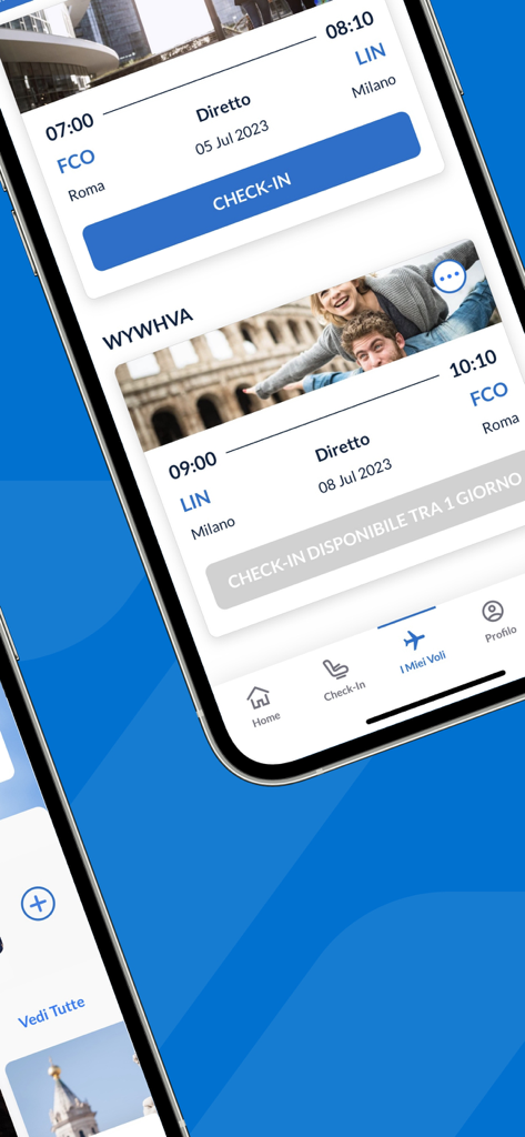 チェックインボタン付きのローマとミラノ間のフライト旅程を表示するITA Airwaysモバイルアプリのインターフェイス