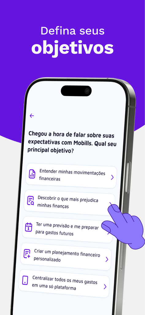 Interface do aplicativo Mobills para definir metas financeiras personalizadas e acompanhar despesas