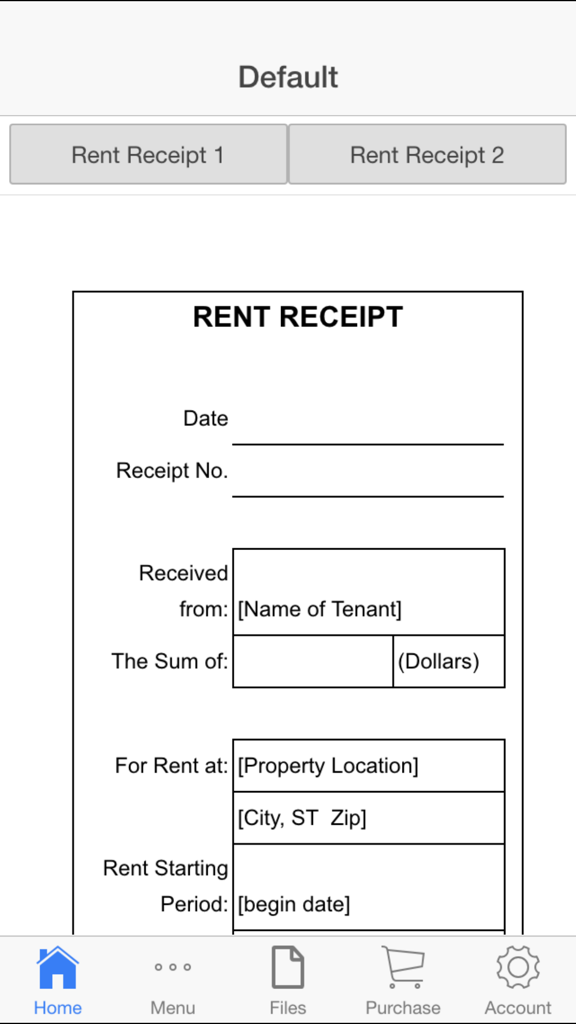 Rent Receipt - A mobile app interface displaying a digital rent receipt template with fields for tenant name, rent amount, and property address.