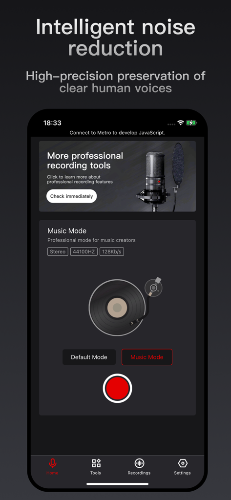 录音专家 - 您的随身录音笔 - Interface do aplicativo móvel Recording Expert mostrando configurações do modo de música e recursos inteligentes de redução de ruído.