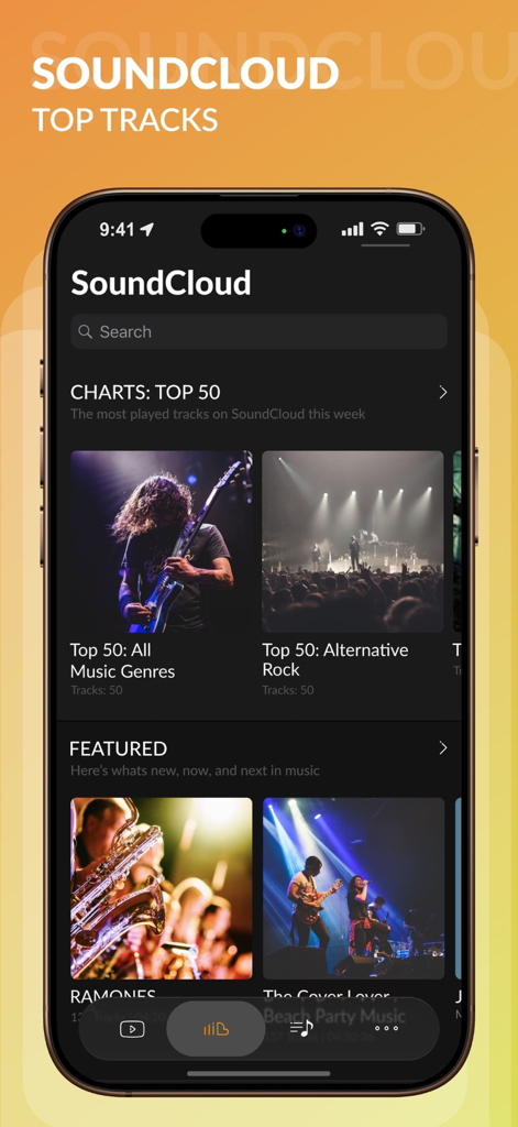 Silence Music - Silence Music app interface showing SoundCloud top tracks and music charts