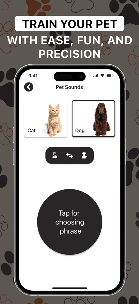 Cat & Dog: Pet Sound Talking - Pantalla de la aplicación móvil para Cat and Dog Pet Sound Talking mostrando la selección de sonidos de animales y un mensaje de entrenamiento para mascotas.