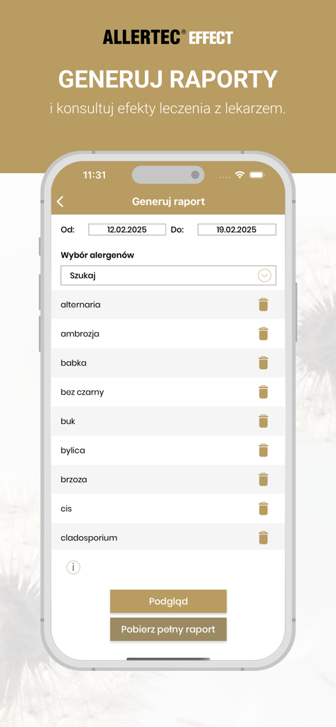Allertec Effect - Screenshot of the Allertec Effect app showing the allergen report generation screen with selection options and date filters.
